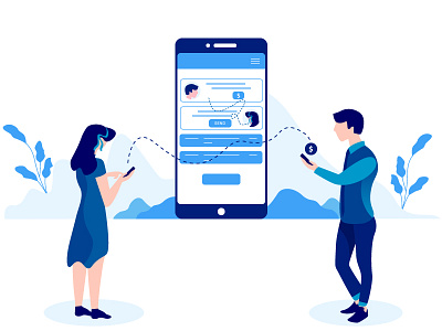 send and receive money apllication blue characters digital illustration mobile plant vector wallet