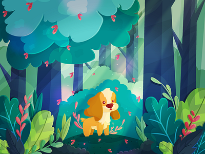 My good boy! cocker cocker spaniel cute dog flat forest illustration kawaii spaniel trees vector