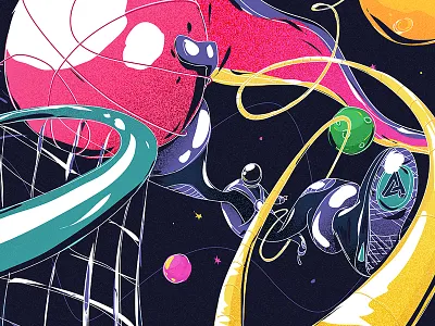 Hello Dribbble! astronaut ball basket character illustration intergalactic perspective planet space sports stars