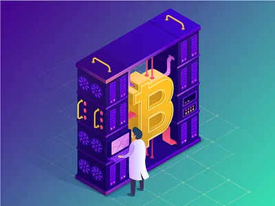 Bitcoin farm concept 3d bitcoin block chain cryptocurrency mining cryptomining ico isometric lab vector