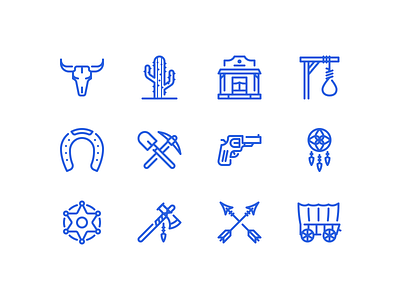 Wild west icons axe cactus cowboy dreamcatcher gold rush horseshoe icon sheriff tomahawk wagon wild west