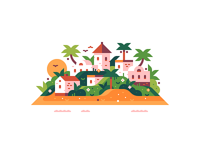 Paradise island print town tropical village