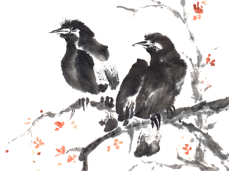 墨絵　Sumi-e a painting in black ＆white Sumi-e. Japanese ink painting. By Dinkoobraz illustration