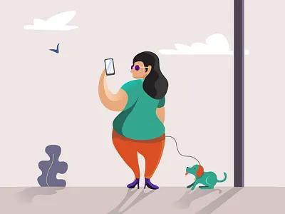 Selfie cute dog flatdesign illustration lady modern nature pet plants selfie ux