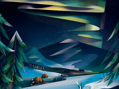 Northern Lights aurora camping landscape landscape illustration northern lights snow winterscape