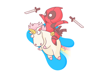 Deadpool blue cute deadpool gun illustration marvel movie red superhero sword unicorn white