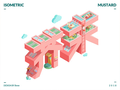 Summer is coming cloud grass house isometric mustard summer swim wasabi waterpool