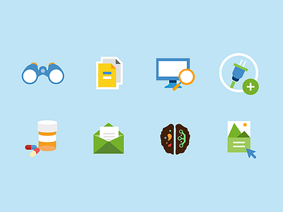 Icon Set binoculars brain documents icons image image select mail medication placebo plug search server connection