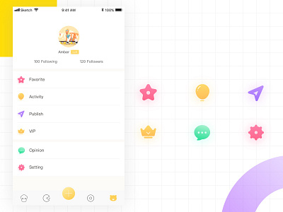 Personal page favorite follower green opinion page personal publish red setting ui ux yellow