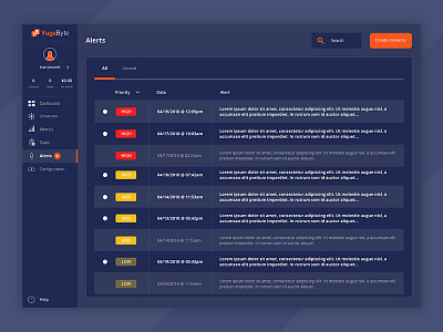 YugaByte DB Admin Console - Alerts (Dark theme) cloud dashboard database developers sketchapp ui user experience user interface ux web application web design website