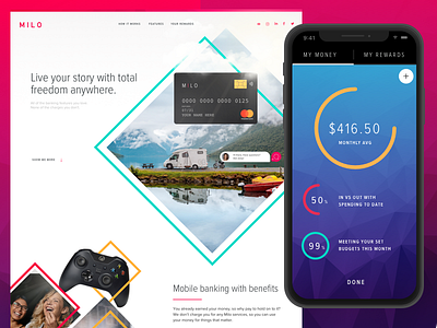 Milo analytics bank landing page marketing mobile app ui ux