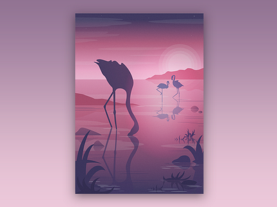 Pink Sunset flamingos flat illustration sunset