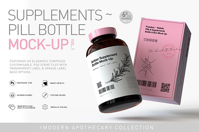 Vitamins Supplement Bottle Mockup bottle mockup herbal oil ointment organic packaging peppermint pharma pills presentation product mock up pure rose supplement bottle mockup tea tree tincture vintage visual wellness