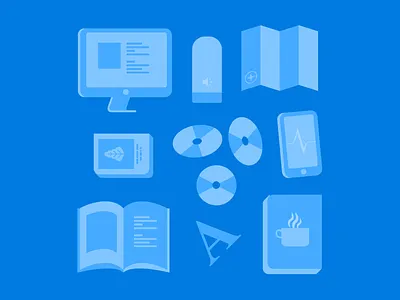 Cultural products blue book cd computer health icon illustration imac map monotone serif type