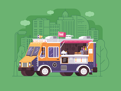 Street Food Van burger. fast car flat design food parlor street summer truck van