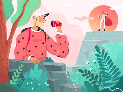 birthday’s call character fireart fireart studio flower girl illustration man monday phone rock sun woman