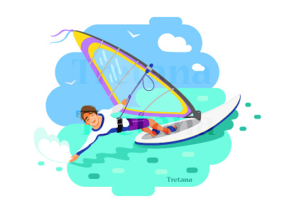 Summer sport board flat guy kiteboard sea sport sportsman summer surfing vector yacht