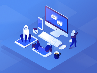 Work space isometric illustrartion apple watch gradient illustration imac ipad iphone isometric rocket startup web web development work space