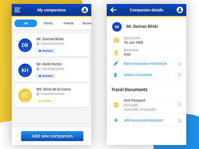 Ryanair - My Companions airline blue booking cards flight mobile plane ryanair ui ux yellow