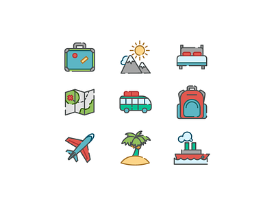 Traveling icon set bus icon luggage map mountain palm plain set ship sun travel