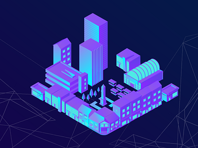 Isometric Town Centre blue center centre purple retail shopping town