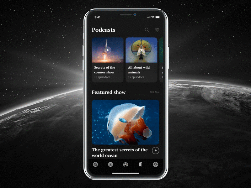 NS iOS: Science Podcasts animation dark dark ios dark player ios 12 player podcasts principle sci fi science science app typography