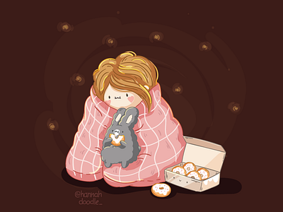 Cute cozy guys 2d vector character cozy cute hannahdoodle lights night rabbit. donuts sweet vector vector character