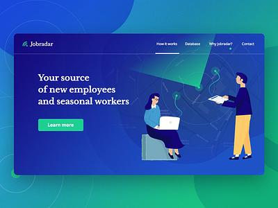 Jobradar landing page illustration blue characters gradient illustration indigo jobradar landing page map radar web webdesign