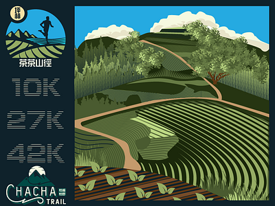 Banner for the Tea Tea Race banner clouds lines logo mountains running scratchboard tea farm trail race