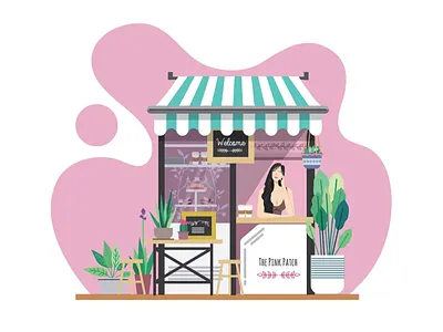The pink patch artwork character coffee girl leaves logo pink plants shop