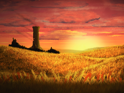 Landscape illustration brushwork clouds illustration landscape photoshop sunset tower