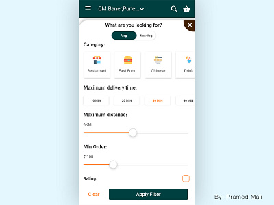 Restaurent App Filter design filter find food filter food order gps map meal mobile rating restaurant ui