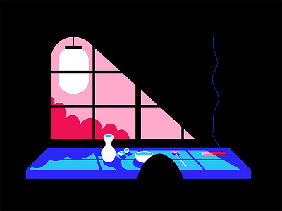 Table for One blue contrast design food illustration incense japan lantern moody pink sake simple