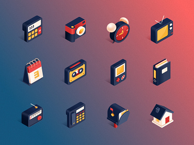 Isometric Icons calculator calendar camera clock email folder game house phone radio record tv