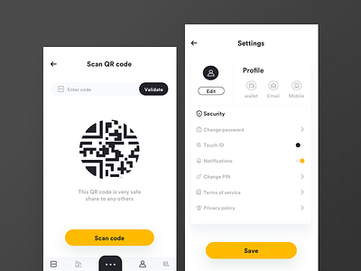 Blockchain app QR scan and setting bitcoin blockchain crypto distributed ethereum finance google illustration landing ledger onepage tech