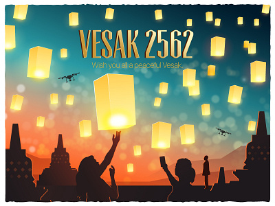 Lantern Festival on Vesak Day artwork borobudur buddha culture design festival illustration indonesia lampion lantern scenery silhouette temples ui vesak waisak