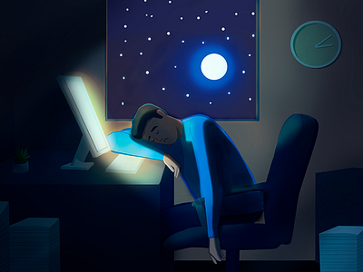 Workaholic at night character desktop man moon moonlight night office romantic sleep stars work workaholic