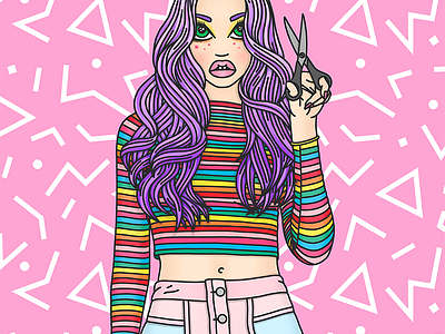 Running with Scissors 90s candy doll club digital illustration fashion illustration fashion illustrator pop art purple hair rainbow scissors