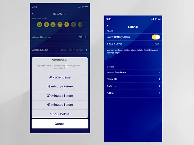 Battery UI Settings and Alarm alarm battery button day postpone reminder settings sound time ui ux week