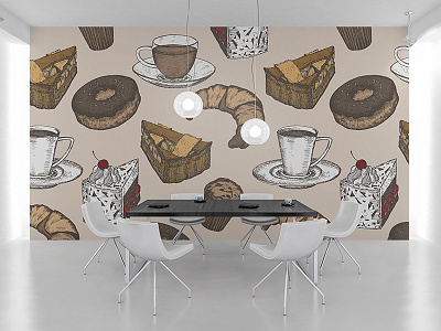 Bigger then life cafe cake coffee cup dessert doughnut pattern pie seamless sketch tea wall art