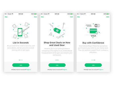SidelineSwap - How It Works (iOS 2017) app how it works icon illustration ios sidelineswap sports ui ux