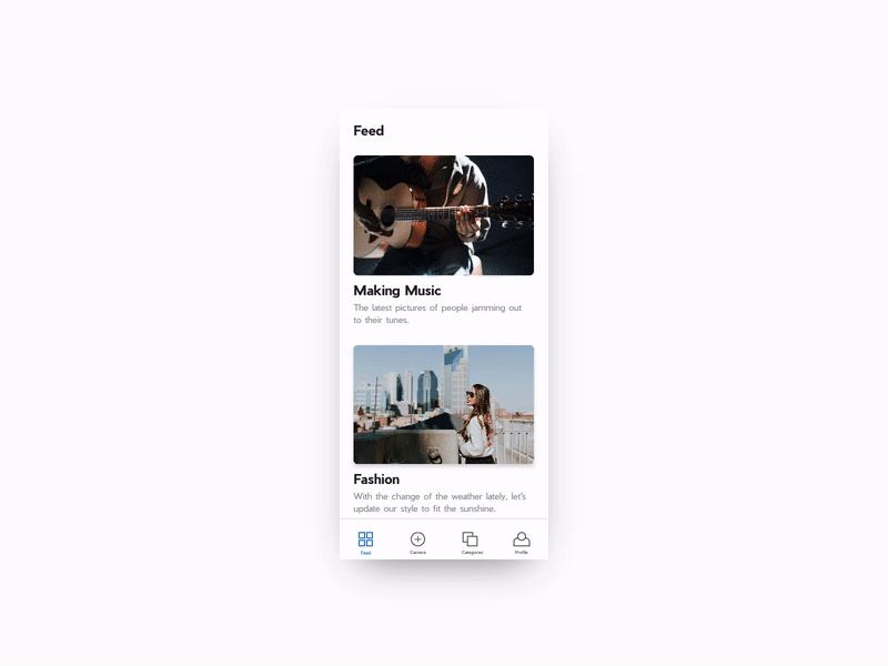 Photo App - Feed Interaction animation interaction invision studio mobile photo app ui user experience user interaction ux web app web app design