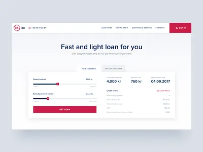 Ok Lan Landing Page Hero Section calculator tips unit graph chart header invoice loan money minimal clean web design quick loans website red black white responsive design service landing page user experience user interface ux ui