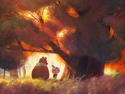 Meeting under the Tree animals bear boy childrens cute illustration kids nature