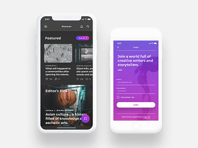 Lydia UI Kit - Bloggin & Pulishing App UI Kit article blog dark discover interactive iphone x iphonex login mobile purple ui ux