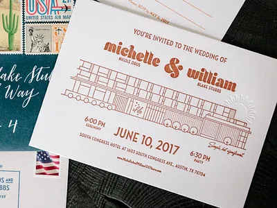 Wedding Invitation austin calligraphy emboss invitation letterpress midcentury orange stamps vintage wedding