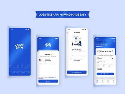 Sleek & Smart Logistics App UI in Blue app app design elegant figma home login logistic modern otp splash transportation ui uiux