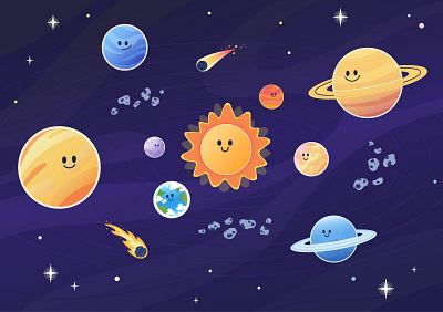 solar system astronomical celestial bodies character cosmic cute educational galaxy interstellar orbit planet solar system space space exploration sun universe vector illustration