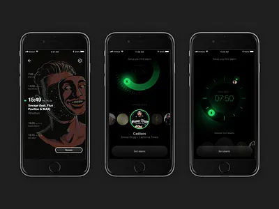 Spotify alarm clock screens alarm app blackandgreen design graphic music phone sketch spotify ui ux work