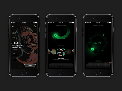 Spotify alarm clock screens alarm app blackandgreen design graphic music phone sketch spotify ui ux work